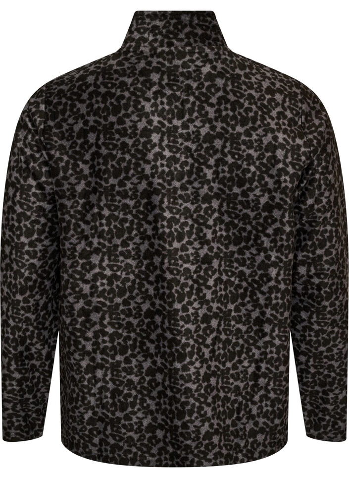 Fleecejakke med leopardm&oslash;nster og h&oslash;y krage, Svart, Packshot image number 1