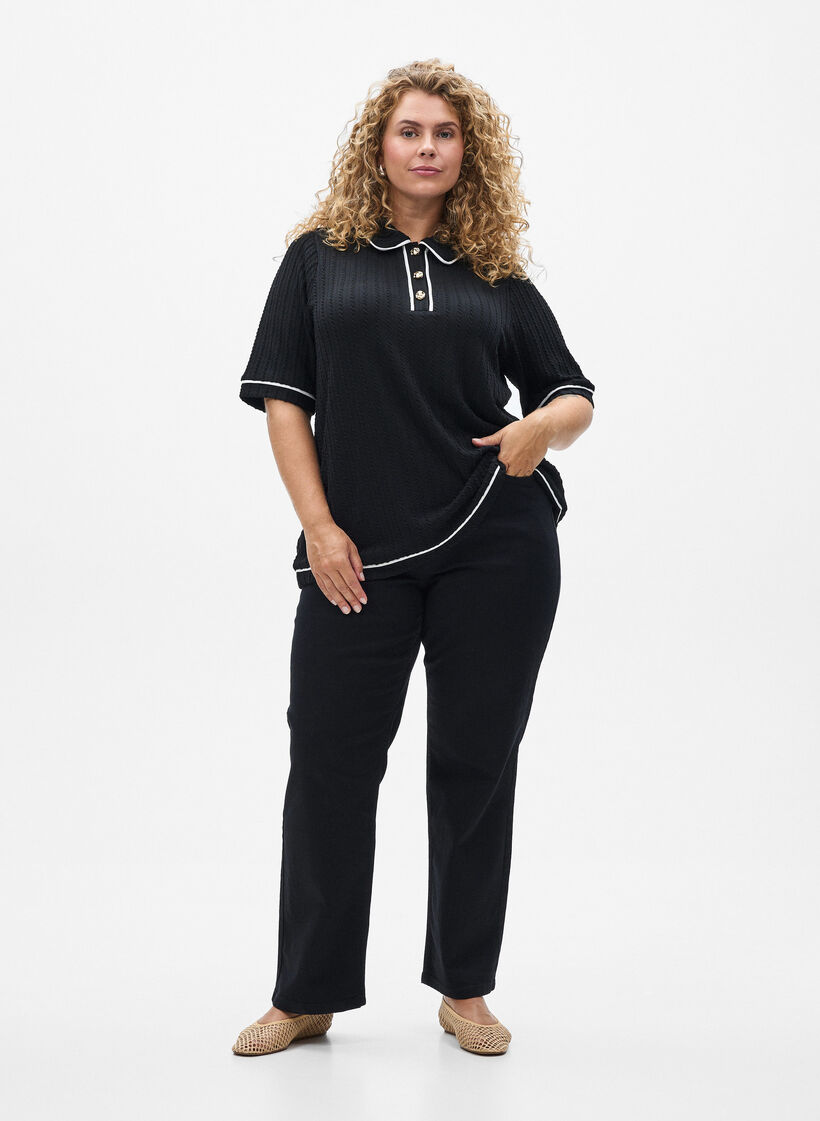 Teksturert jerseyskjorte med kontrasterende kanter, Svart, Model image number 1