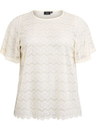 Blondebluse med korte ermer og bølget faldkant, Warm Off-white