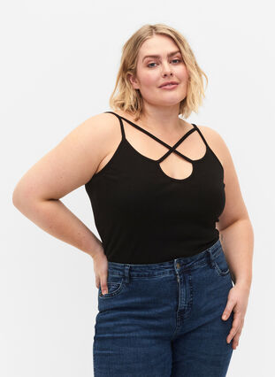 Ribbet topp med detaljer på brystet, Black, Model image number 0