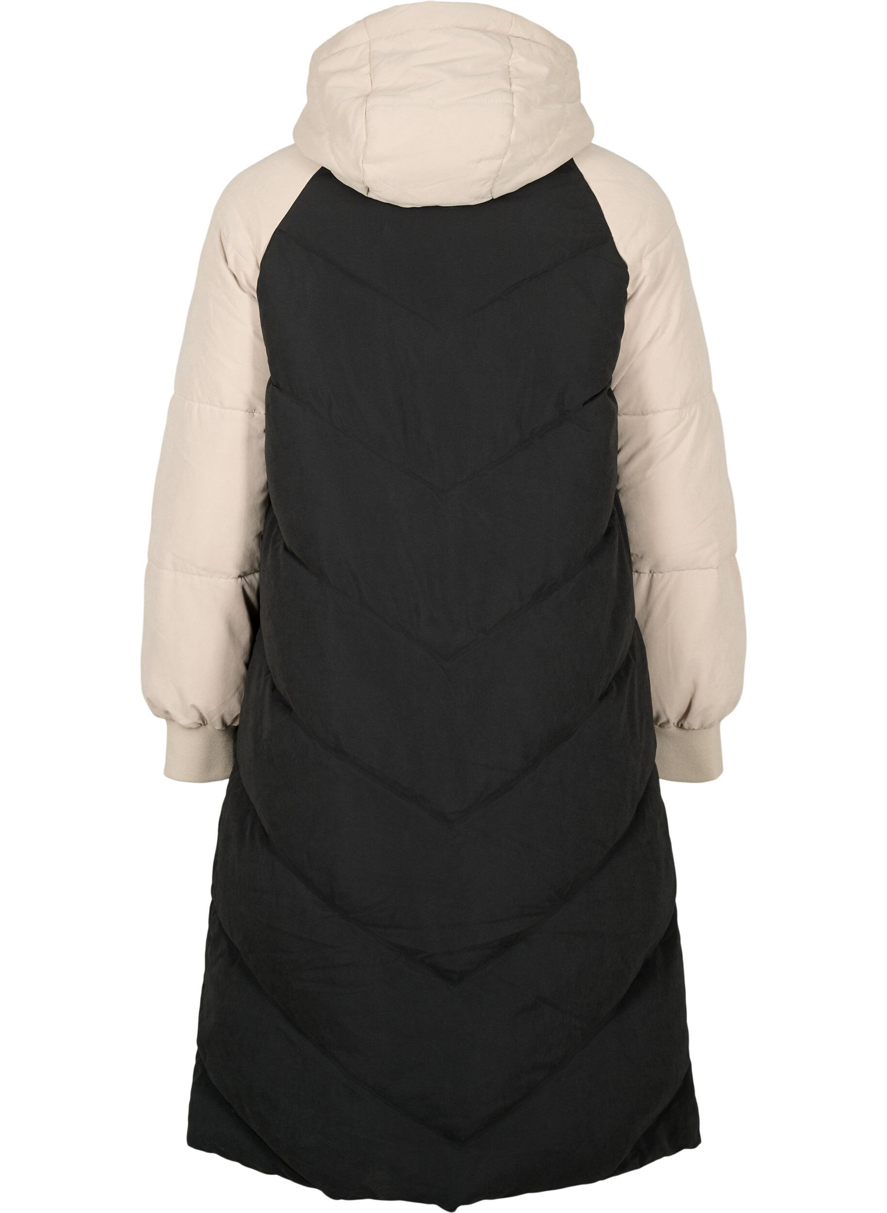 Zizzi Lang fargeblokket vinterjakke med hette, Black Comb, Packshot image number 1