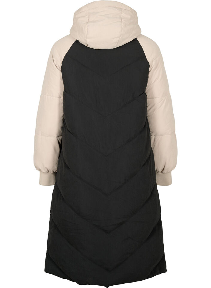 Lang fargeblokket vinterjakke med hette, Black Comb, Packshot image number 1