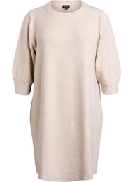 Strikket kjole med 3/4 ermer og rund hals, P. Stone White Mel.