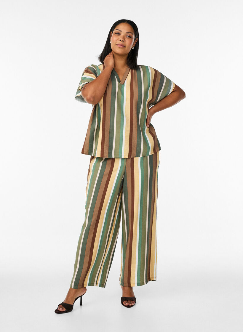 Bukse i viskose med striper og loose fit, Brun, Model image number 0