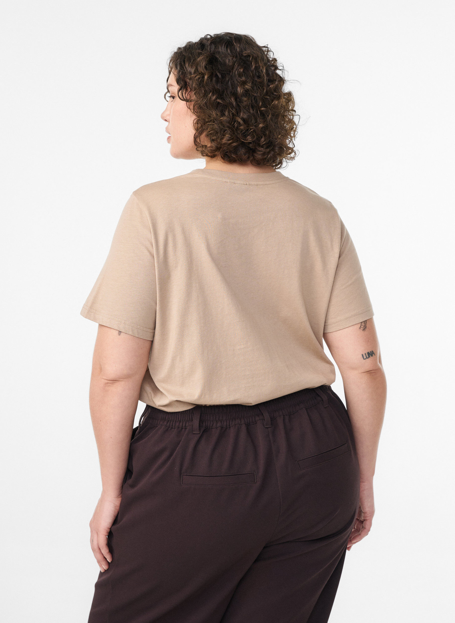 ZizziBasic T-skjorte i bomull med rund hals, Beige, Model image number 2