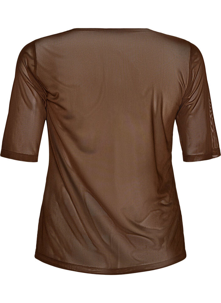 Mesh topp med korte ermer og rund hals, Brun, Packshot image number 1