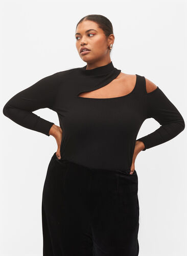 Langermet bluse med utskjæringer, Black, Model image number 0