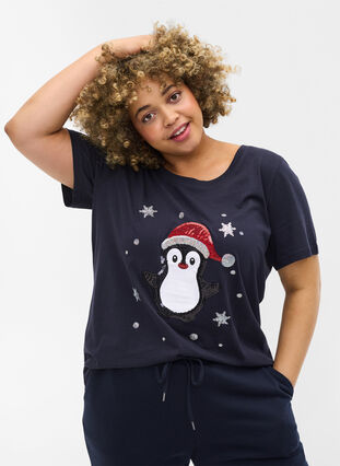 T-skjorte med julemotiv i bomull, Night Sky Pingvin, Model image number 0