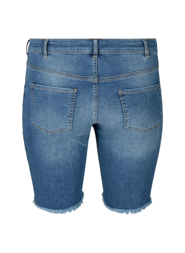 Denimshorts med høyt liv og rå kanter, Dark blue denim, Packshot image number 1
