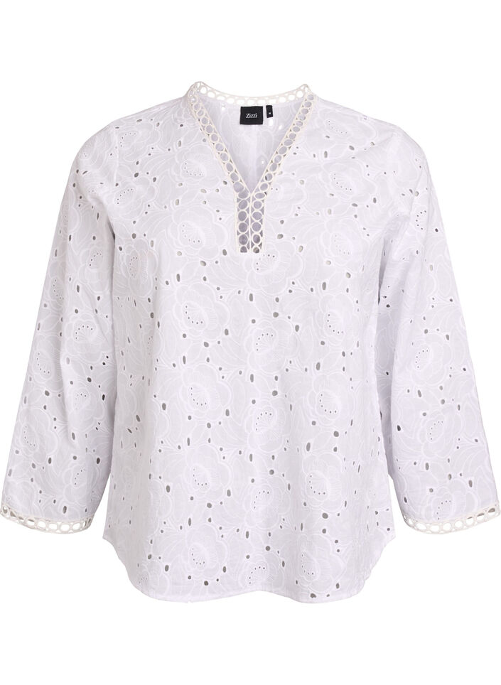 Langermet bomullsbluse med broderie anglaise, Hvit, Packshot image number 0