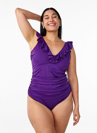 Zizzi Badedrakt med volanger og uttagbare innlegg, Lilla, Model image number 0