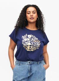 T-skjorte i økologisk bomull med gulltrykk, Med.Blue Gold Flower, Model