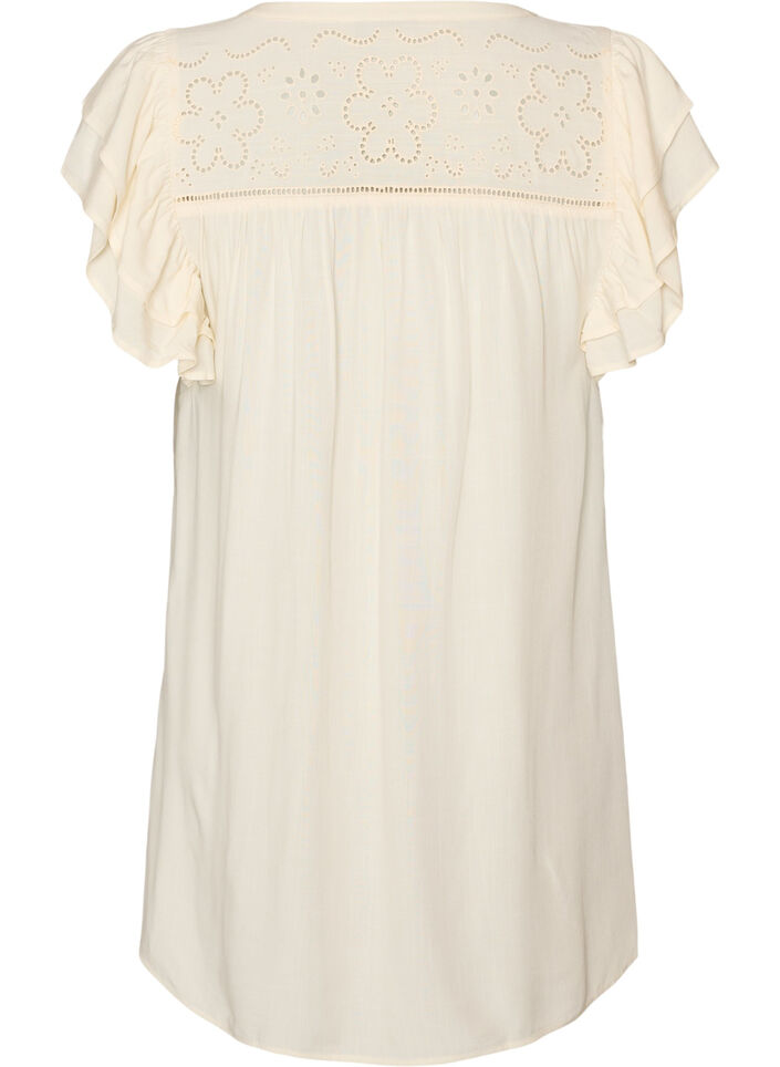 Tunika med broderie anglaise og volangermer, Beige, Packshot image number 1