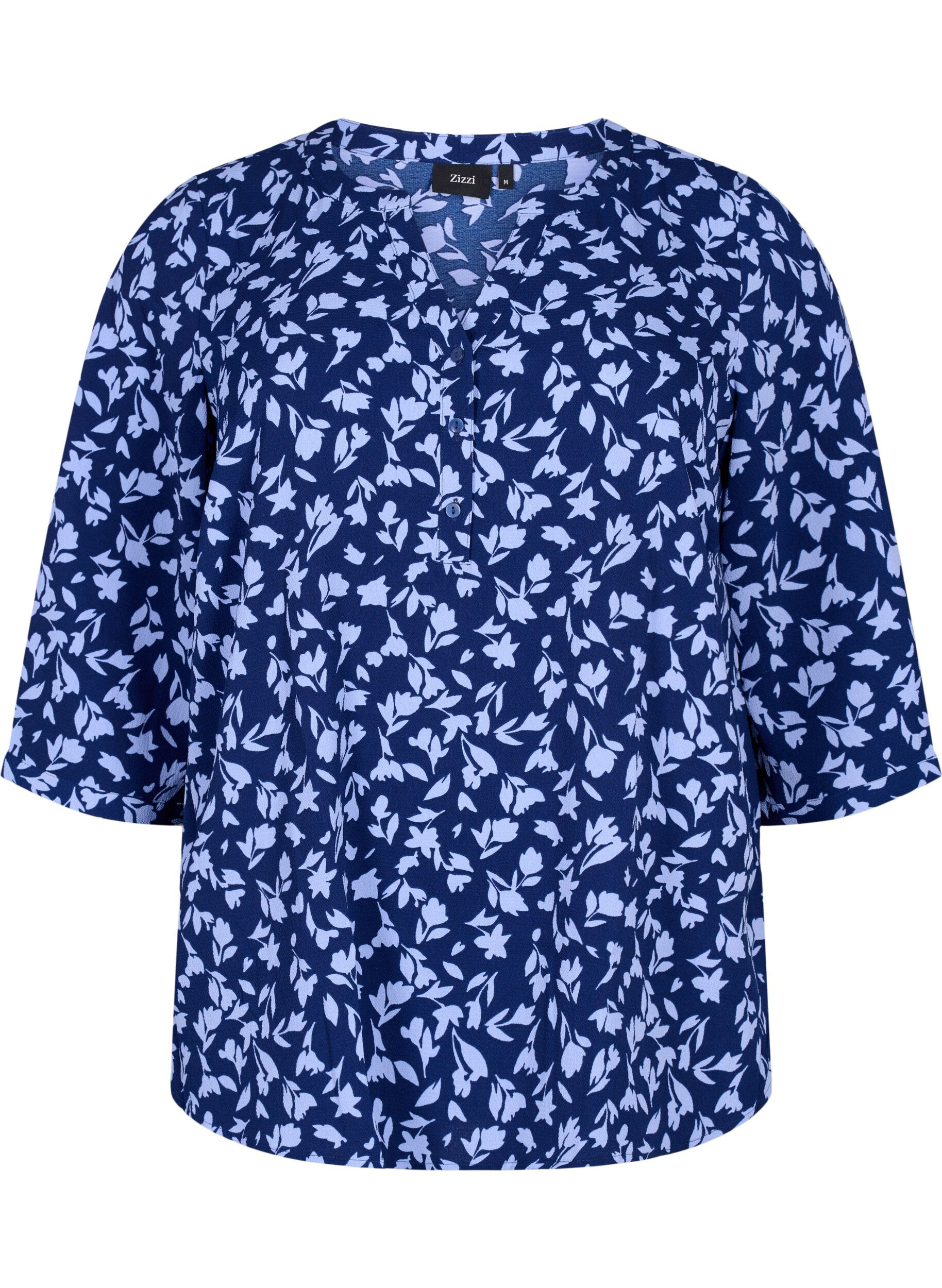 Zizzi Blomstret bluse med 3/4-ermer, M. Blue Flower AOP, Packshot image number 0