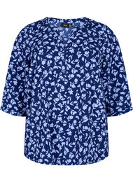 Blomstret bluse med 3/4-ermer, M. Blue Flower AOP