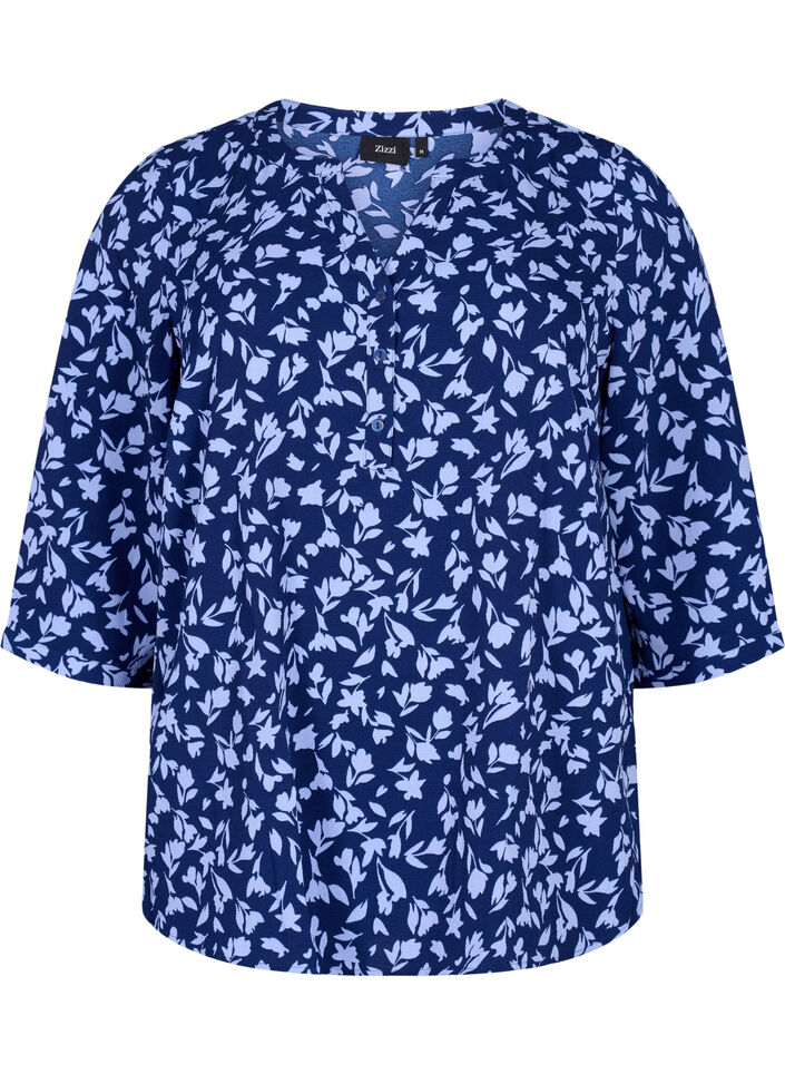 Blomstret bluse med 3/4-ermer, M. Blue Flower AOP, Packshot image number 0