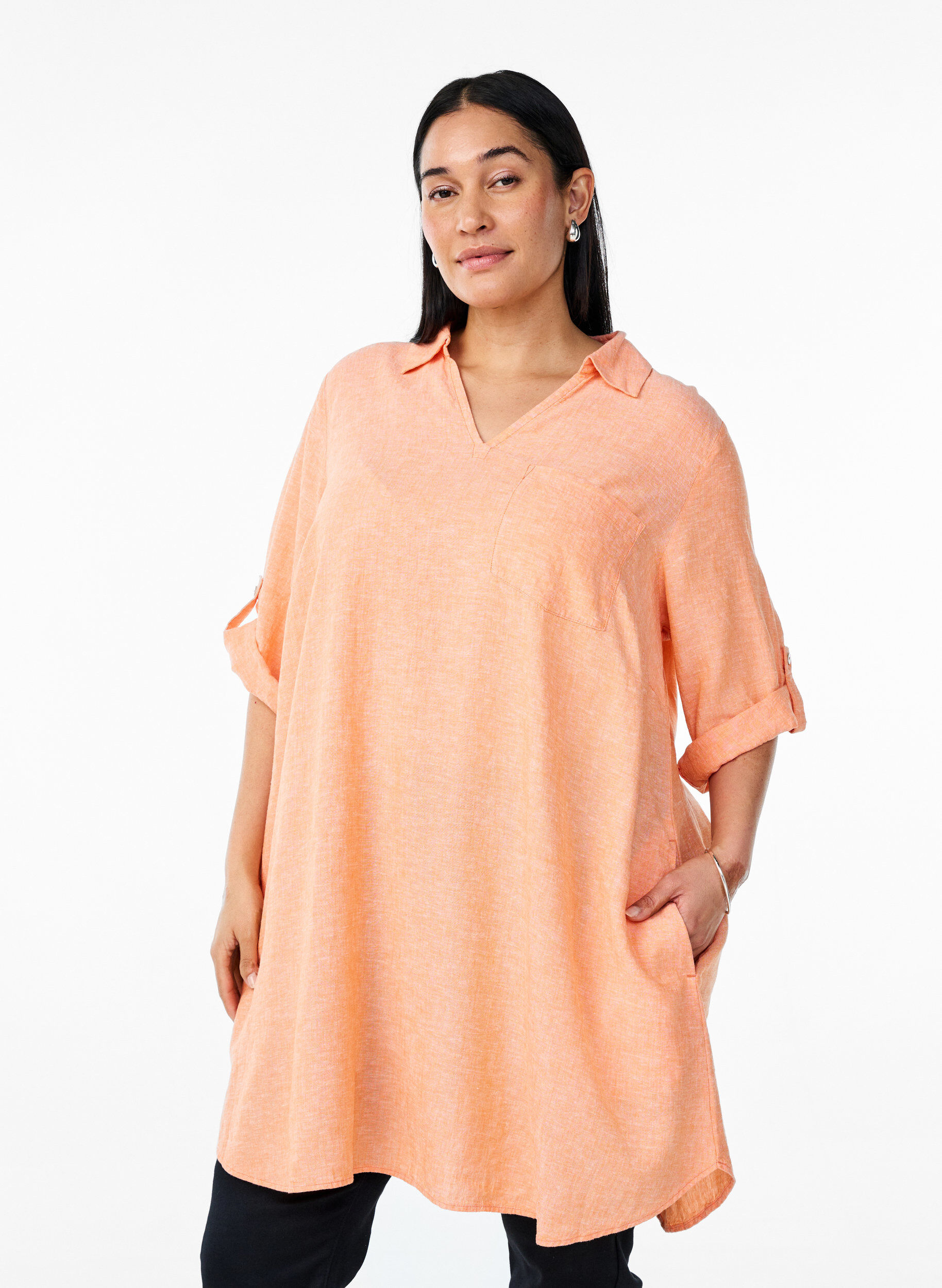 ZizziTunika i lin og viskose med A-form, Orange, Model image number 0