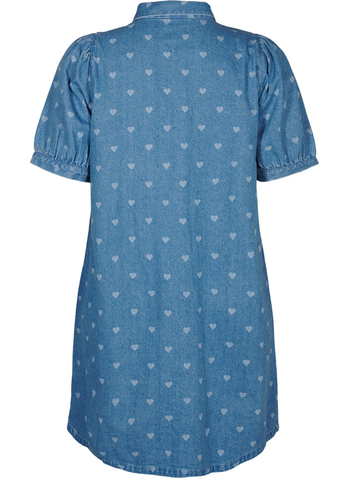 Kortermet denimkjole med hjerteprint, L. Blue D. w. Heart, Packshot image number 1