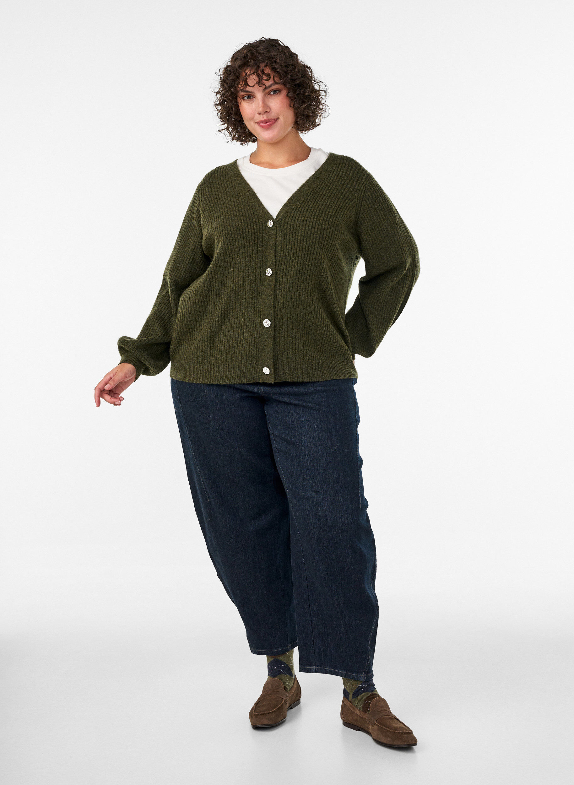 ZizziCardigan med V-hals og ribbestruktur, Gr&oslash;nn, Model image number 1