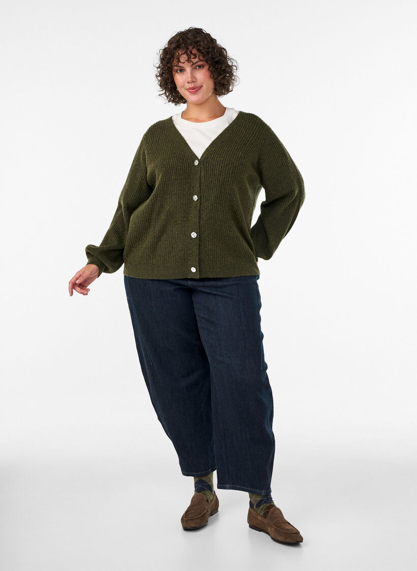 Cardigan med V-hals og ribbestruktur, Gr&oslash;nn, Model image number 1