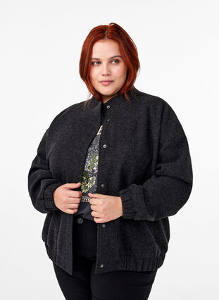 Zizzi Bomberjakke i ullook med lommer, Dark Grey Melange, Model image number 0