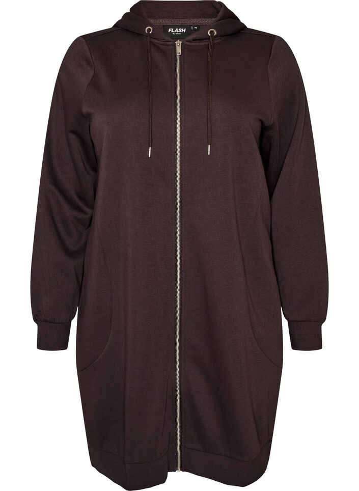 Lang hettegenser med glidel&aring;s og lommer, Brun, Packshot image number 0