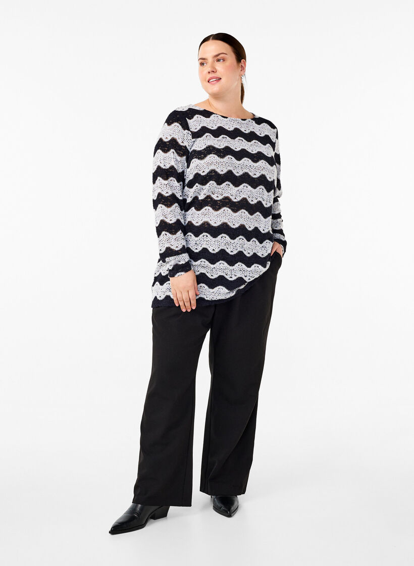 Strikket bluse med bølgemønster, Black Stripe, Model image number 2