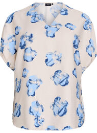 Løs bluse med trykk og V-hals, Off White Blue AOP