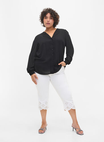Skjorte med V-hals og smock, Black, Model image number 3