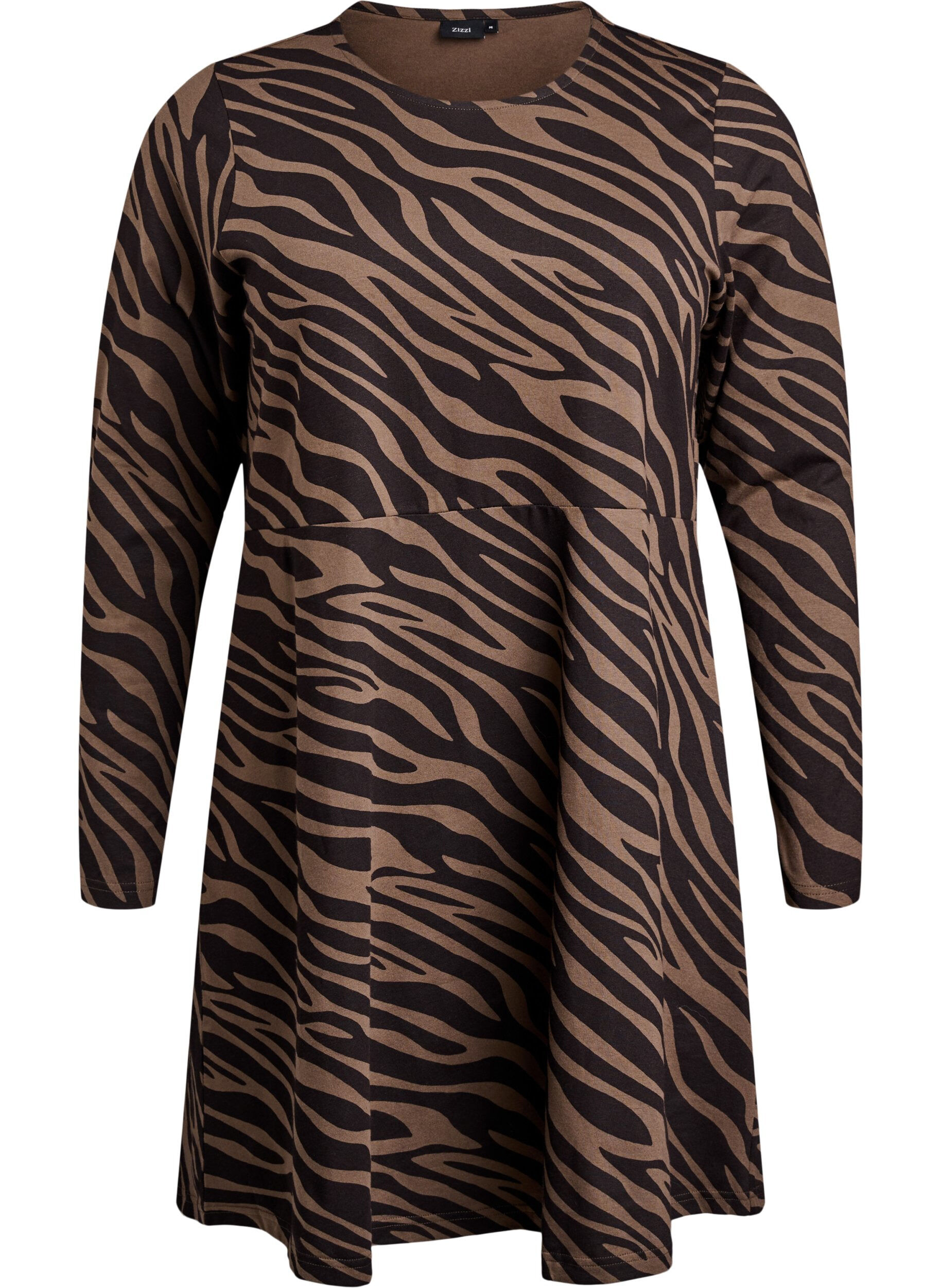 Zizzi Langermet kjole med rund hals og sebram&oslash;nster, Walnut Zebra, Packshot image number 0