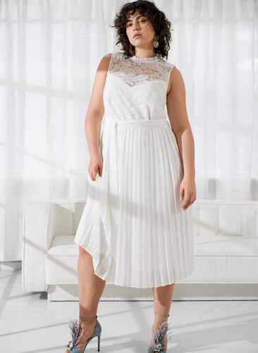 Kjole uten ermer med blonder og plisseringer, Bright White, Image image number 0