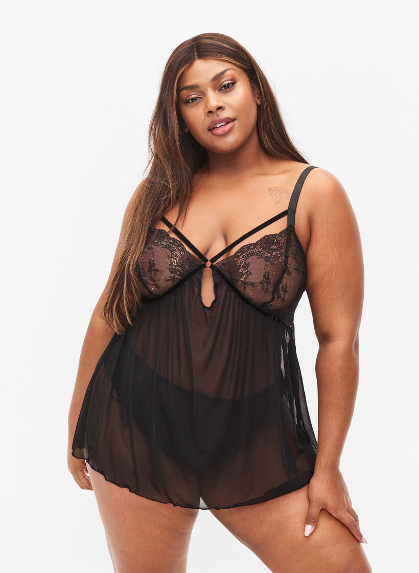 Transparent chemise med blonder, Black, Model image number 0