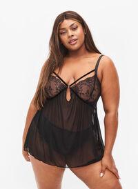 Transparent chemise med blonder, Black, Model