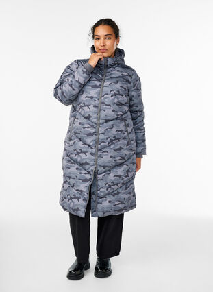 Zizzi Lang kamuflasje pufferjakke, Grå, Model image number 0