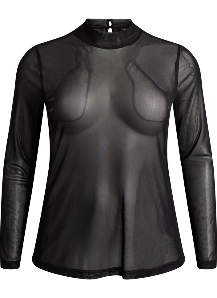 Tett sittende meshbluse med lange ermer, Svart, Packshot