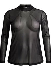 Tett sittende meshbluse med lange ermer, Svart Tett sittende meshbluse med lange ermer