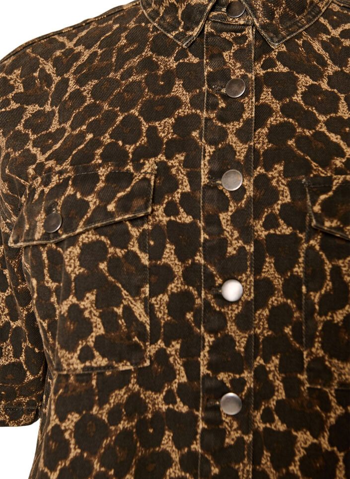Denimskjorte med leopardm&oslash;nster og korte ermer, Brun, Packshot image number 2
