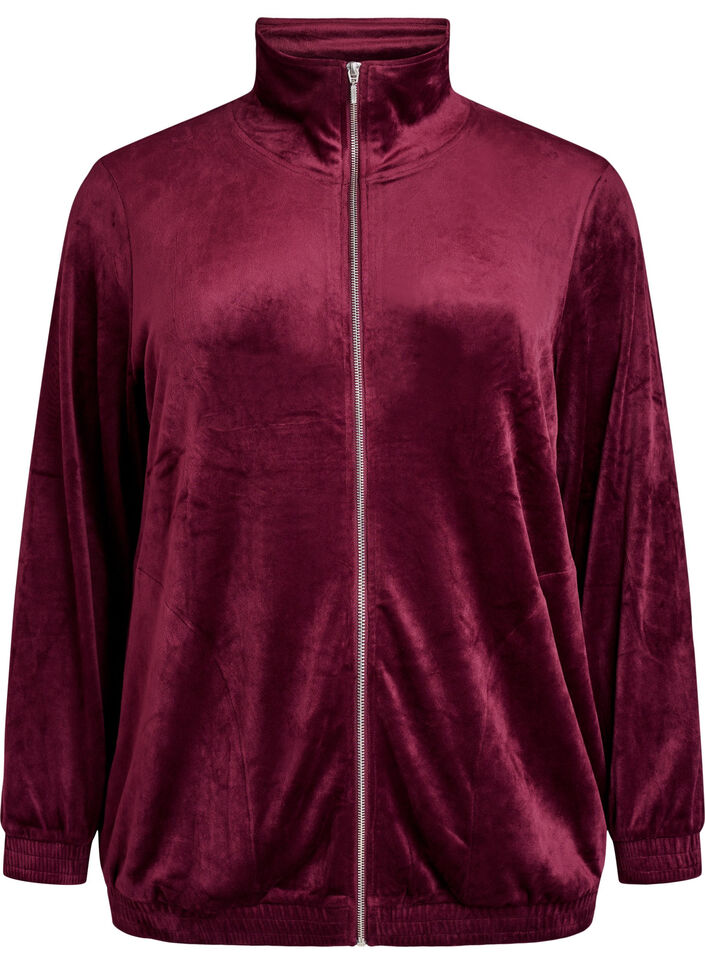 Velour-cardigan med glidelås og høy krage, Mørk Bordeaux, Packshot image number 0