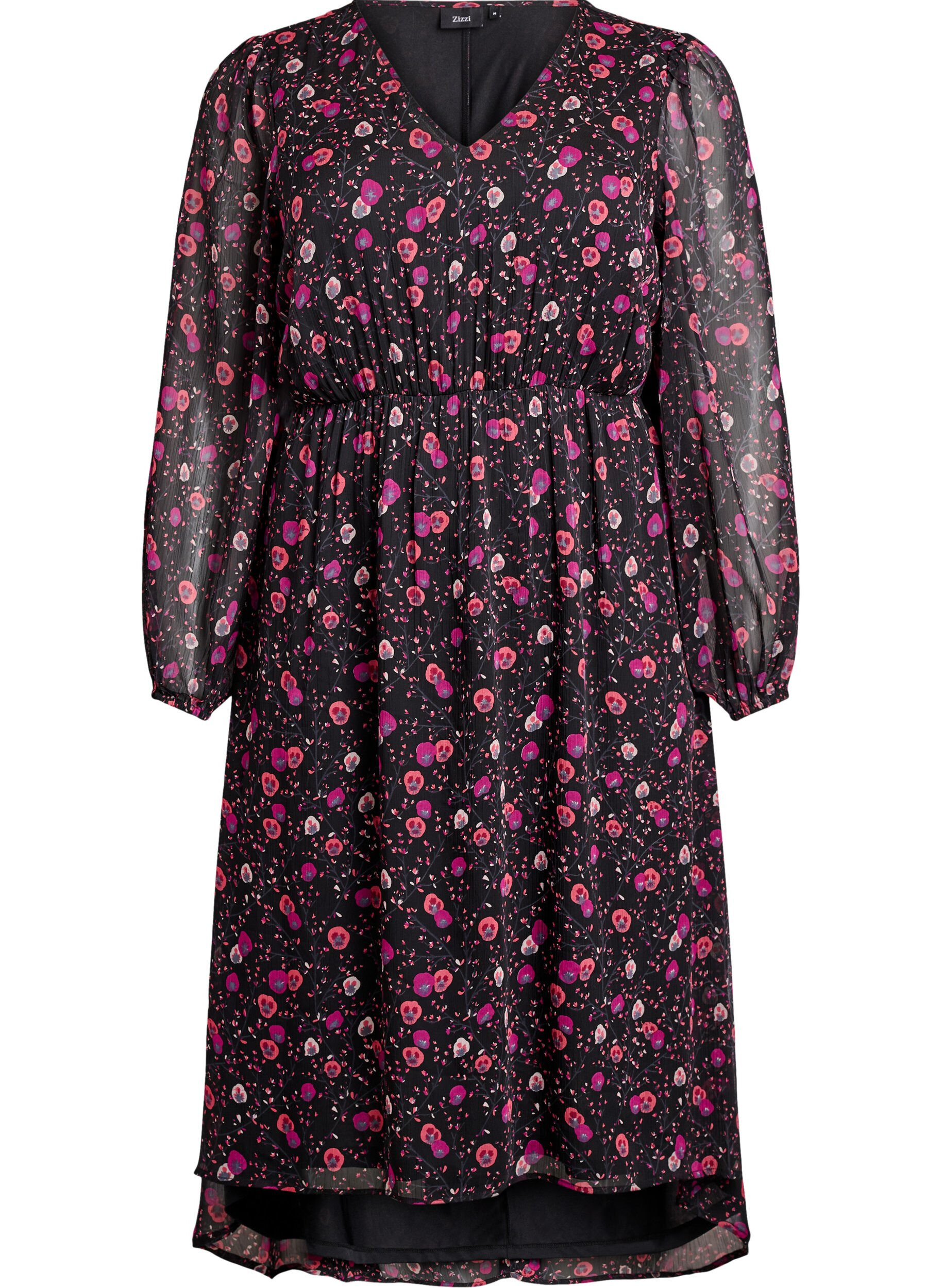 ZizziChiffonkjole med blomstertrykk og lange ermer, Svart, Packshot image number 0