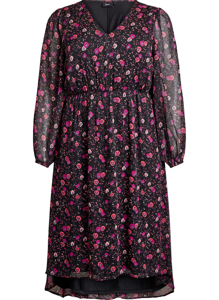 Chiffonkjole med blomstertrykk og lange ermer, Svart, Packshot image number 0