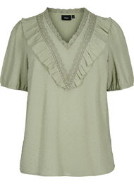 Bluse med korte ermer og prikkete struktur, Seagrass 
