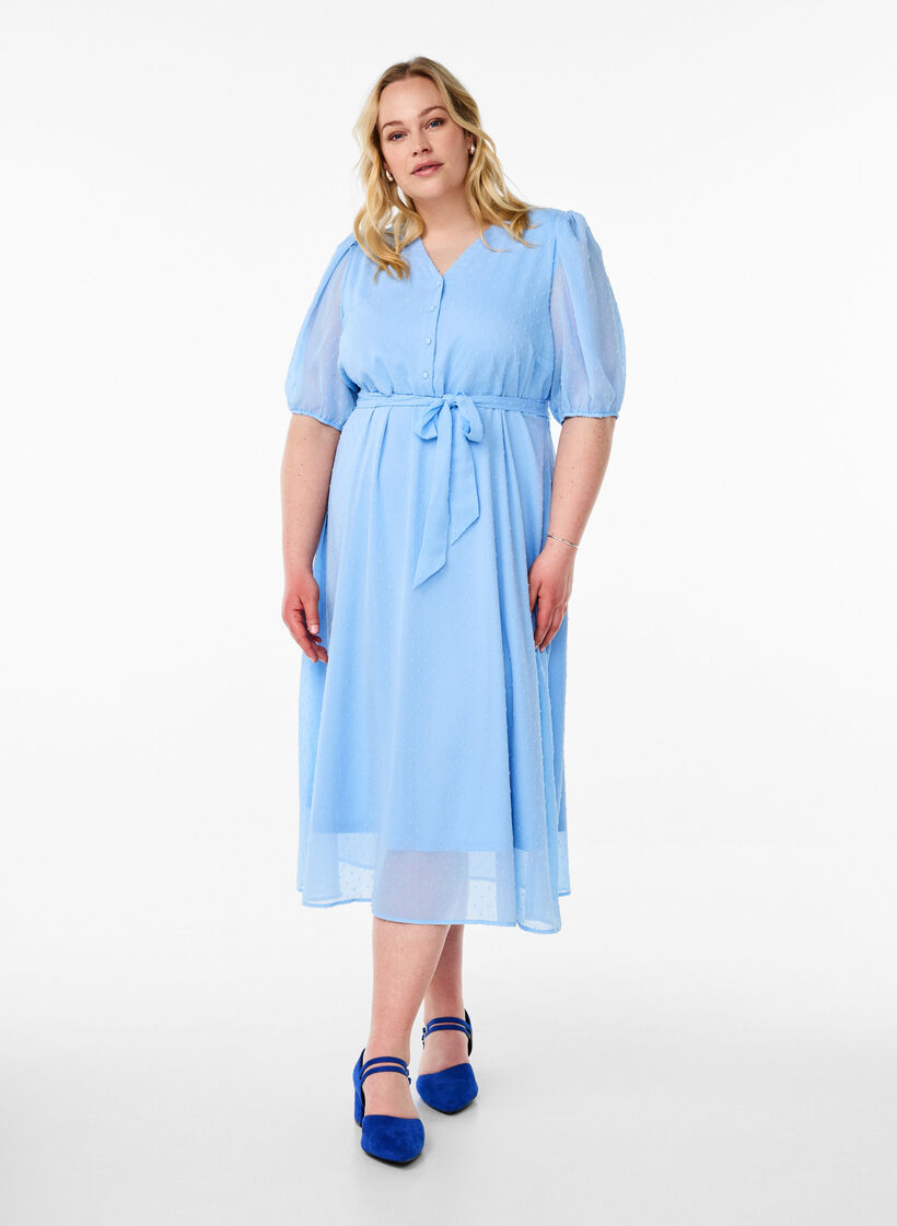 Midikjole med V-hals og knyting, Blå, Model image number 0