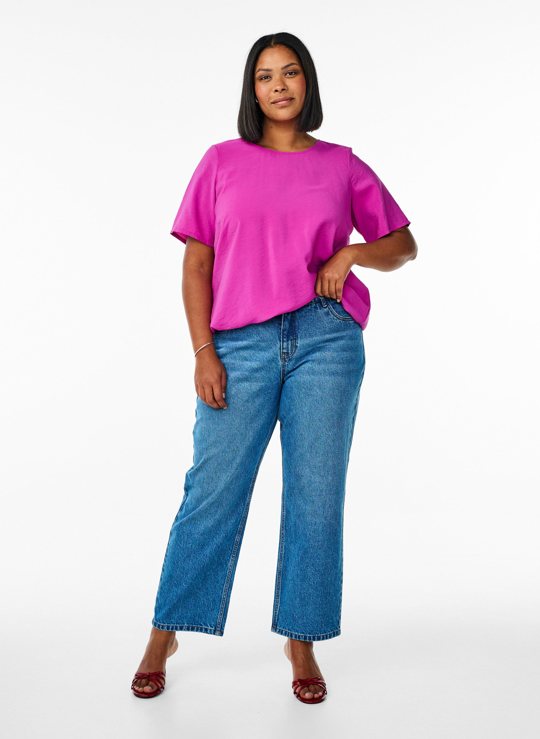 Zizzi Kortermet bluse med elastisk fold, Rosa, Model image number 1