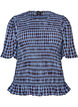Bluse med smock, gingham-m&oslash;nster og rysjekant, Bl&aring;, Packshot image number 0