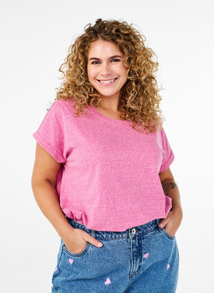 Zizzi Melert T-skjorte med korte ermer, Rosa, Model image number 0
