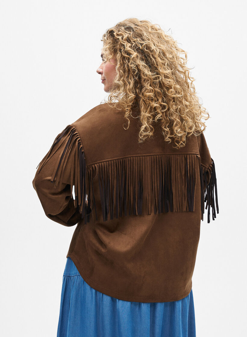 Imitert semsket jakke med frynser, Brown Fake Suede, Model