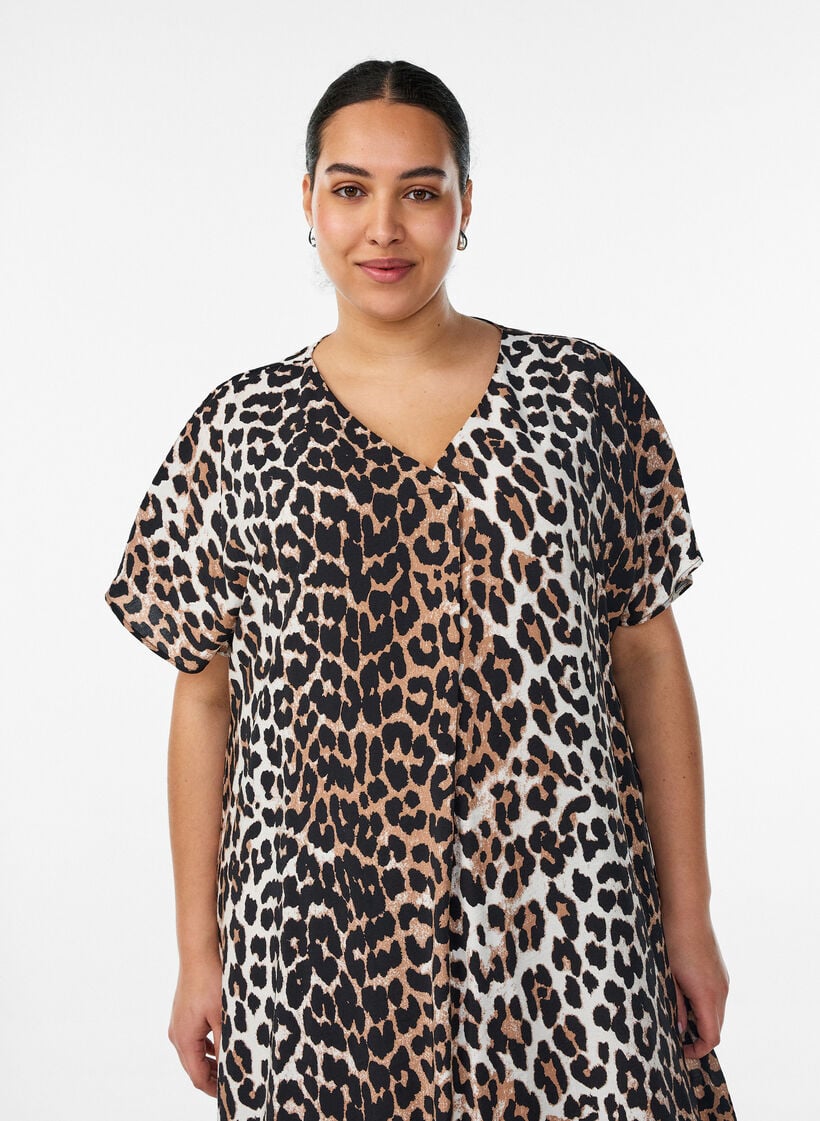 Kjole med V-hals i viskose, Brun, Model image number 2