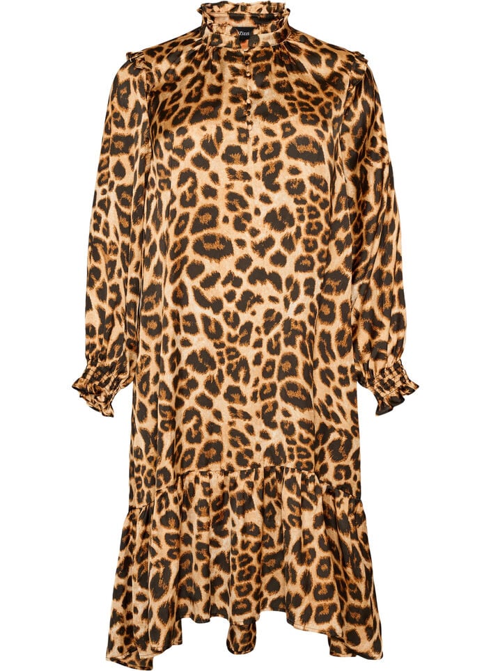 Kjole med leopardtrykk og volangdetaljer, Brun, Packshot