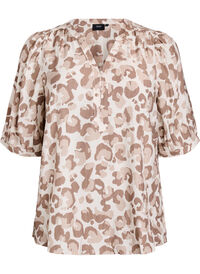 Bluse med leopardtrykk og halvlange ermer, Hvit Bluse med leopardtrykk og halvlange ermer