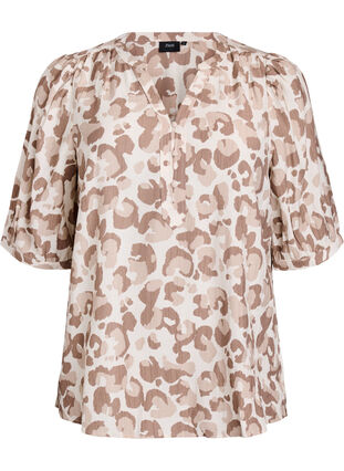Zizzi Bluse med leopardtrykk og halvlange ermer, Hvit, Packshot image number 0